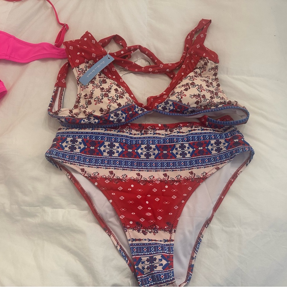 Red and Blue Patterned Bikini Set